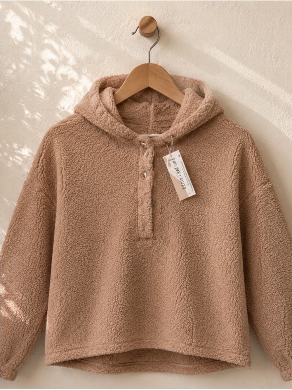 Very J Teddy Sherpa Hoodie Pullover NWT Mocha Tan Plush Cozy Fleece